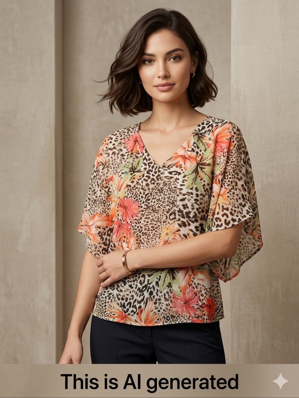 Multicolor Chiffon V-Neck Floral Animal Print Kimono Sleeve Tunic Blouse